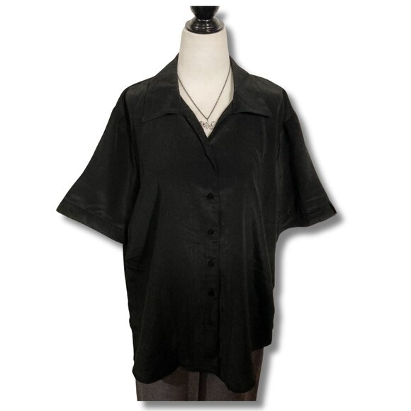 ALIA Plus-size black vertical striped short-sleeve shirt ~ Size 18 XXL 2X blouse - Picture 1 of 14